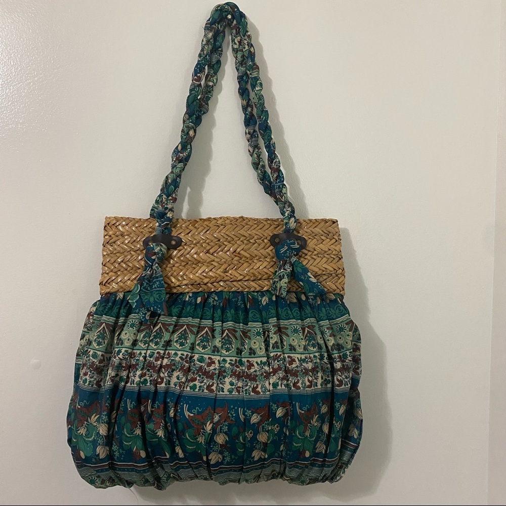Straw Fabric Green Brown Tan Floral Canvas Purse Bag Handbag